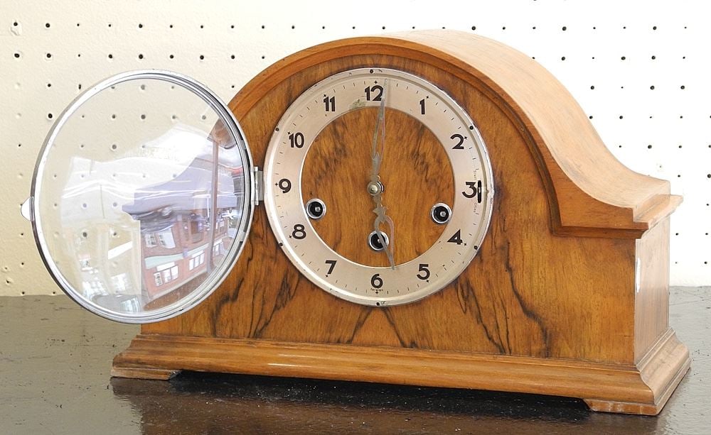 Vintage Walnut Mantle Clock, Marked "Foreign", 14 1/4"w. (1 of 3)