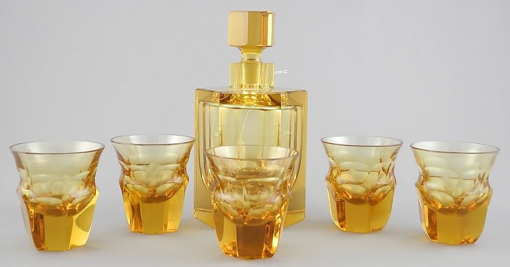 Moser Six Piece Liqueur Decanter Set , signed, 2 3/4 - 6"h (one cup chipped). (1 of 4)