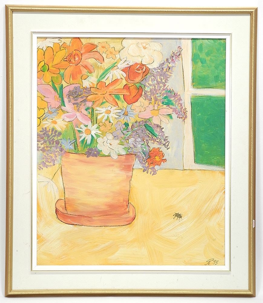 Oil on Board Monogrammed SP'75, 23 5/8 x 19 3/4", "Creepy Crawly Admiring Flowers": Oil on Board Monogrammed SP'75, 23 5/8 x 19 3/4", "Creepy Crawly Admiring Flowers"