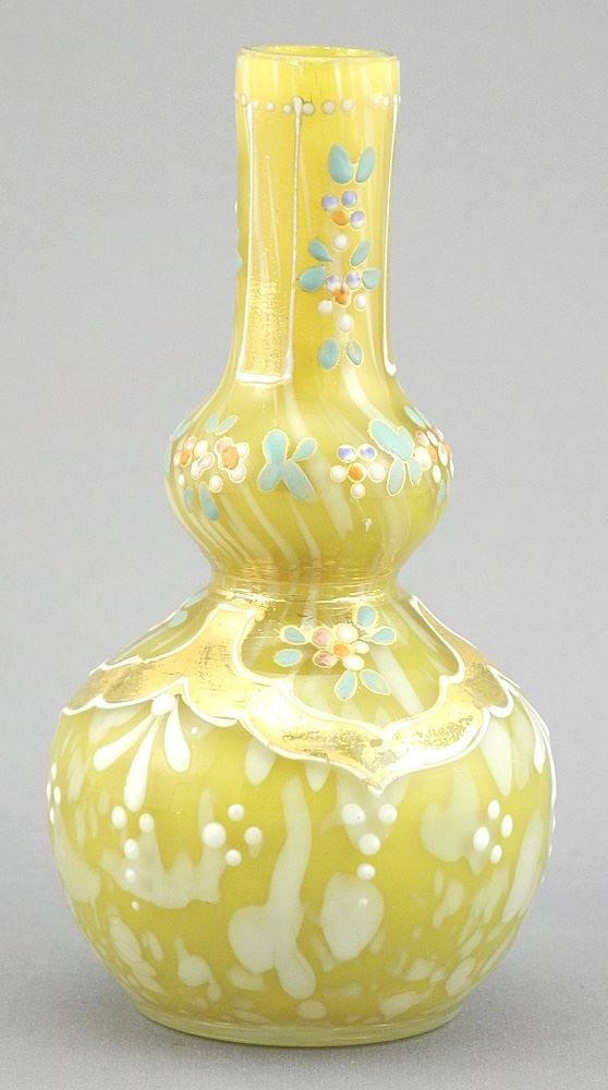 Franz Welz Bohemian Lemon Yellow Splatter Glass Vase, C.1890, 4 1/4"h: Franz Welz Bohemian Lemon Yellow Splatter Glass Vase, C.1890, 4 1/4"h