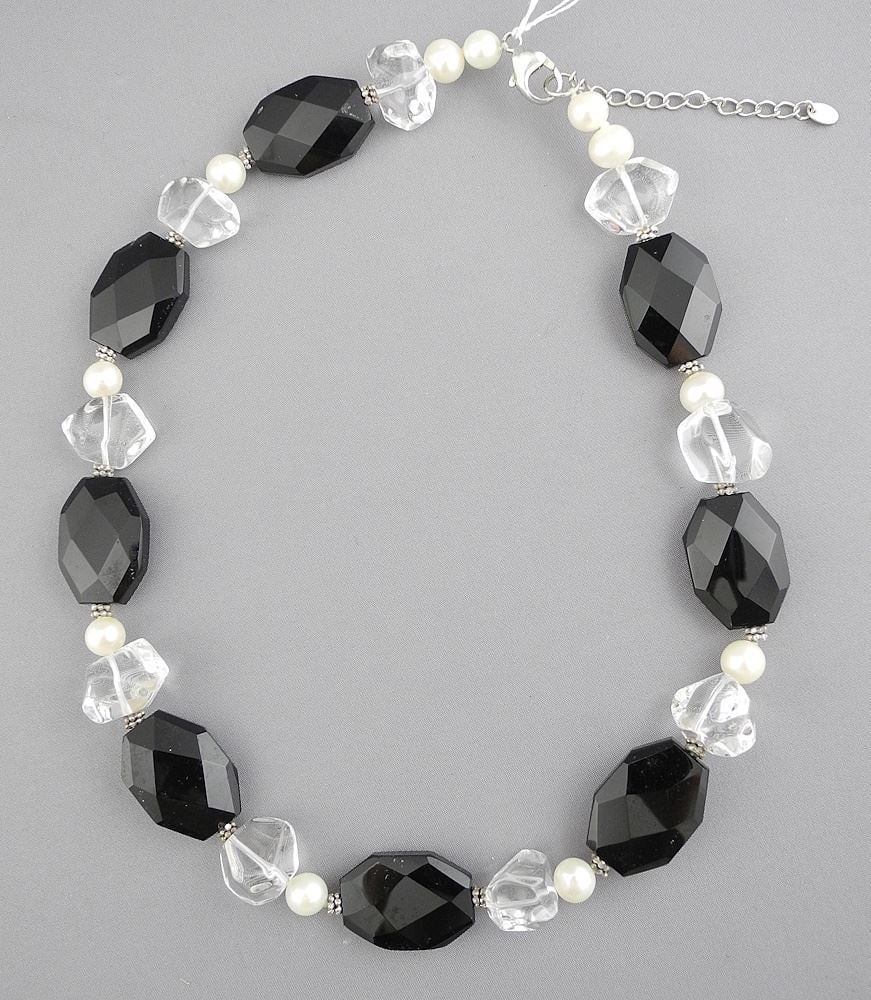 Sterling, Cultured Pearl, Rock Crystal French Jet Necklace, 17 1/2" L.: Sterling, Cultured Pearl, Rock Crystal French Jet Necklace, 17 1/2" L.