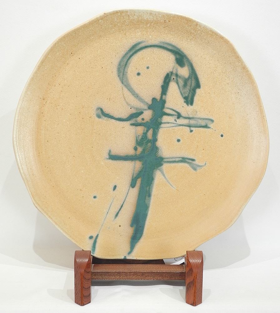 Porcelain Charger signed Larry Aguilar (18" diam.) with Japanese Elm Stand.: Porcelain Charger signed Larry Aguilar (18" diam.) with Japanese Elm Stand.