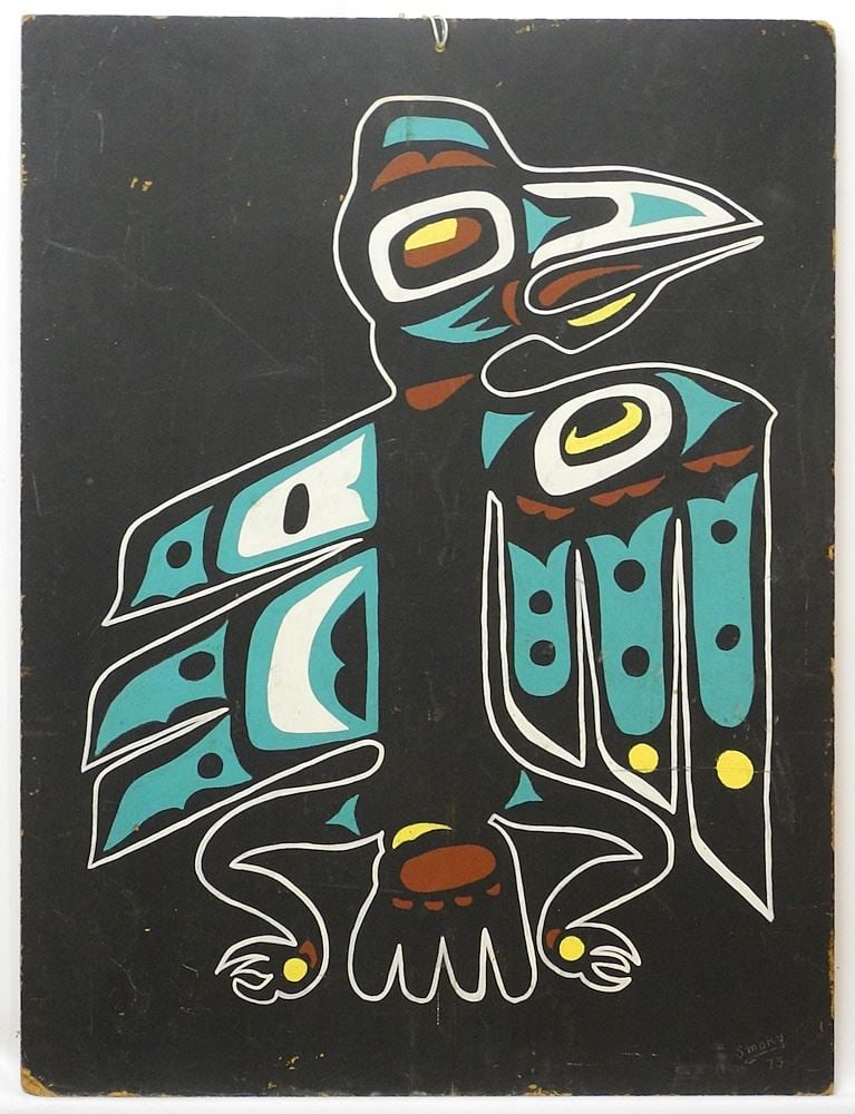 Oil on Masonite signed Smoky'73, 24" x 18", "Northwest Coast Style Raven".: Oil on Masonite signed Smoky'73, 24" x 18", "Northwest Coast Style Raven".