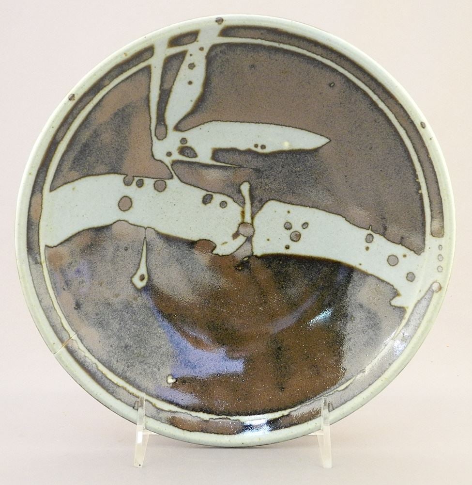 Bamboo Motif Dish signed with Impressed Mark of Wayne Ngan, 8 3/4" Diam., (firing fissure).: Bamboo Motif Dish signed with Impressed Mark of Wayne Ngan, 8 3/4" Diam., (firing fissure).