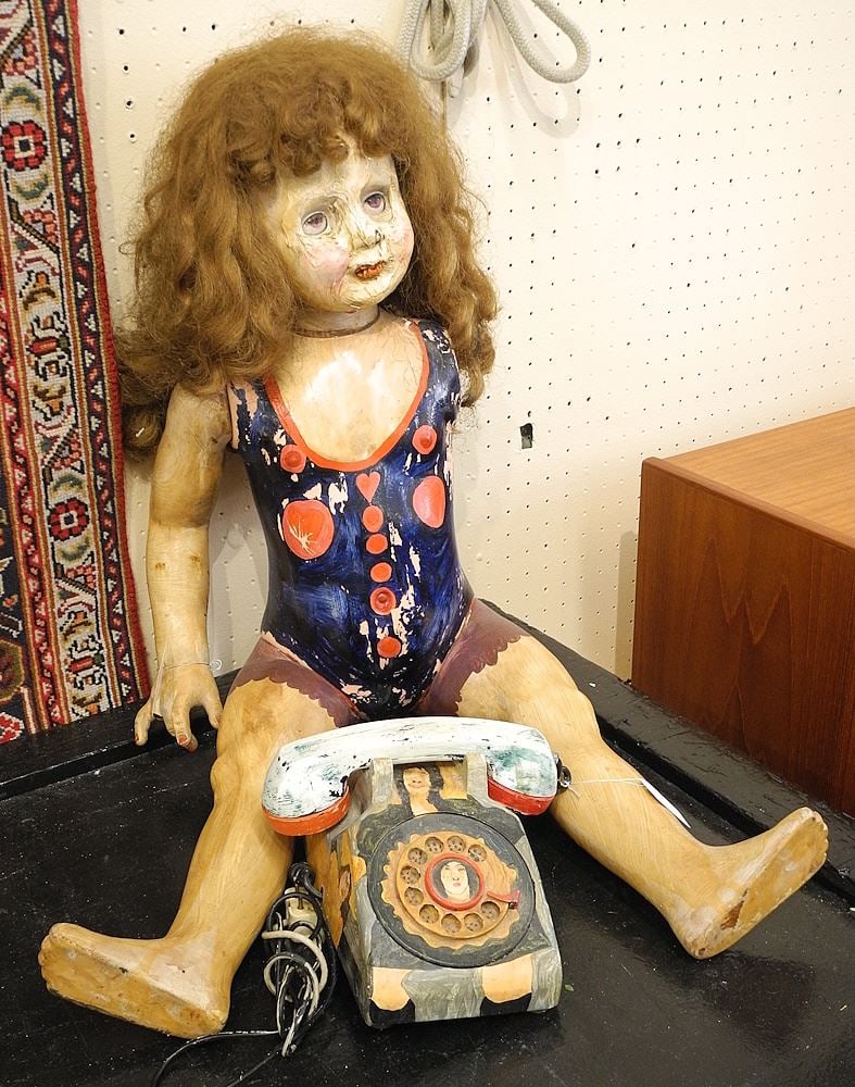 Two Mixed Media Sculptures signed C. (Cathy) Senitt Harbison, 35"h, Doll & Telephone (as found (1 of 2)