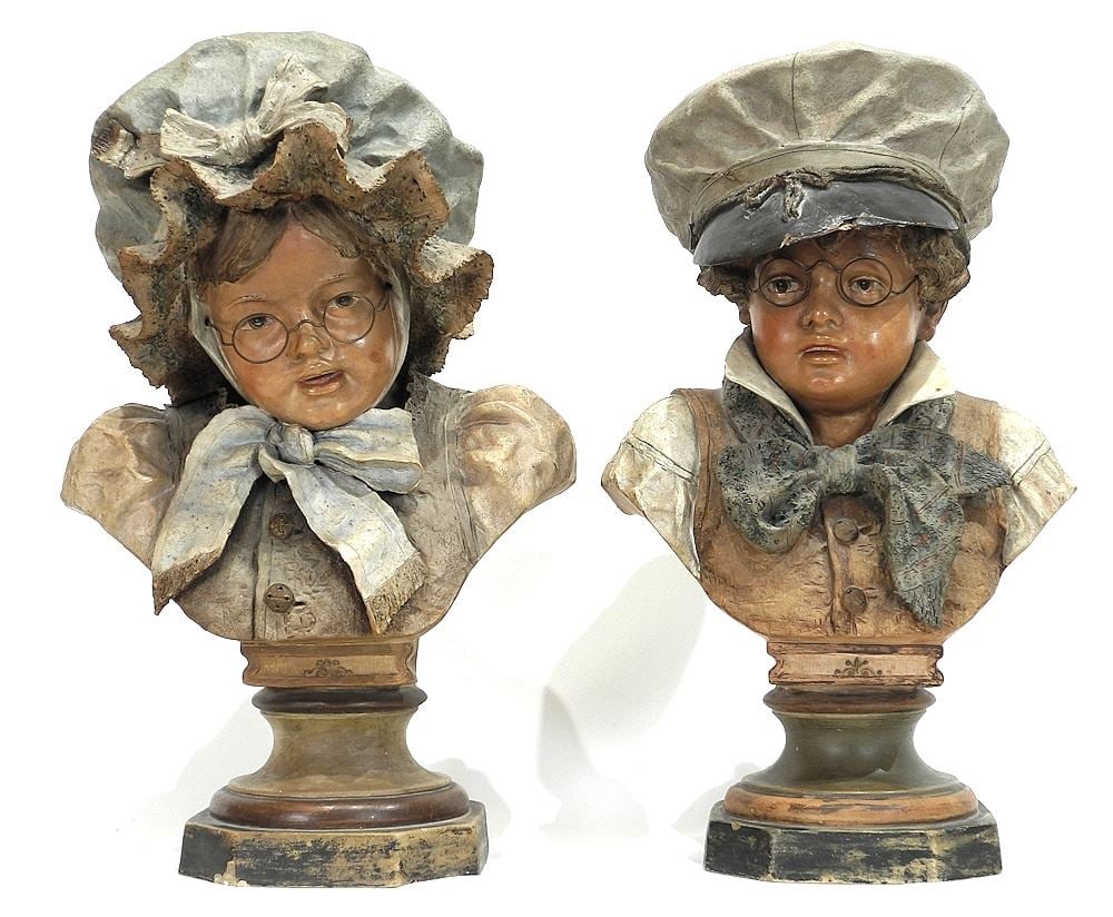 Pair of Continental Pottery Busts, 17 1/2"h (restored). (1 of 3)