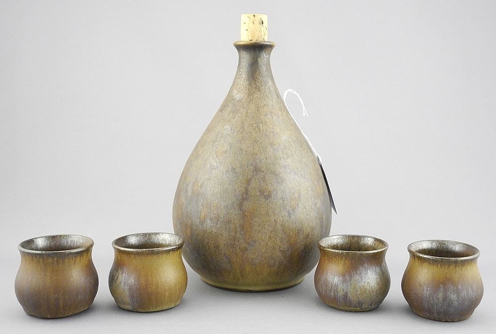 Stoneware Sake Bottle & Four Cups Monogrammed JG (Jan Grove), 7 1/4"h. (1 of 3)