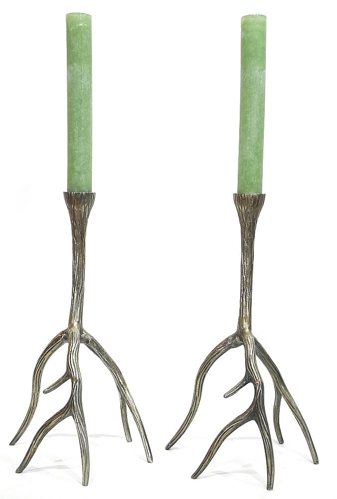 Pair of French Bronze Antler Candlesticks (19") with Candles. (1 of 2)