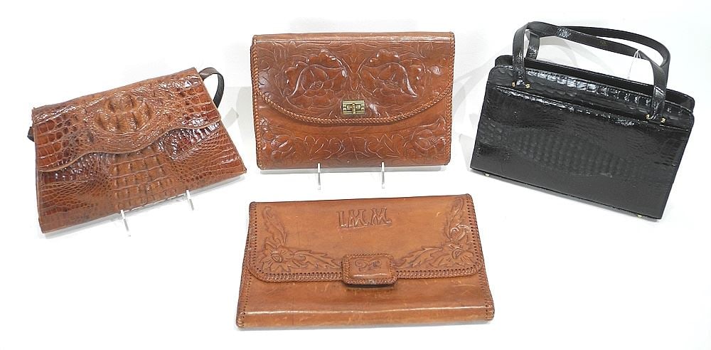 Collection of Reptile Skin & Tooled Leather Hand Bags, 11 1/2 - 12 1/2".: Collection of Reptile Skin & Tooled Leather Hand Bags, 11 1/2 - 12 1/2".