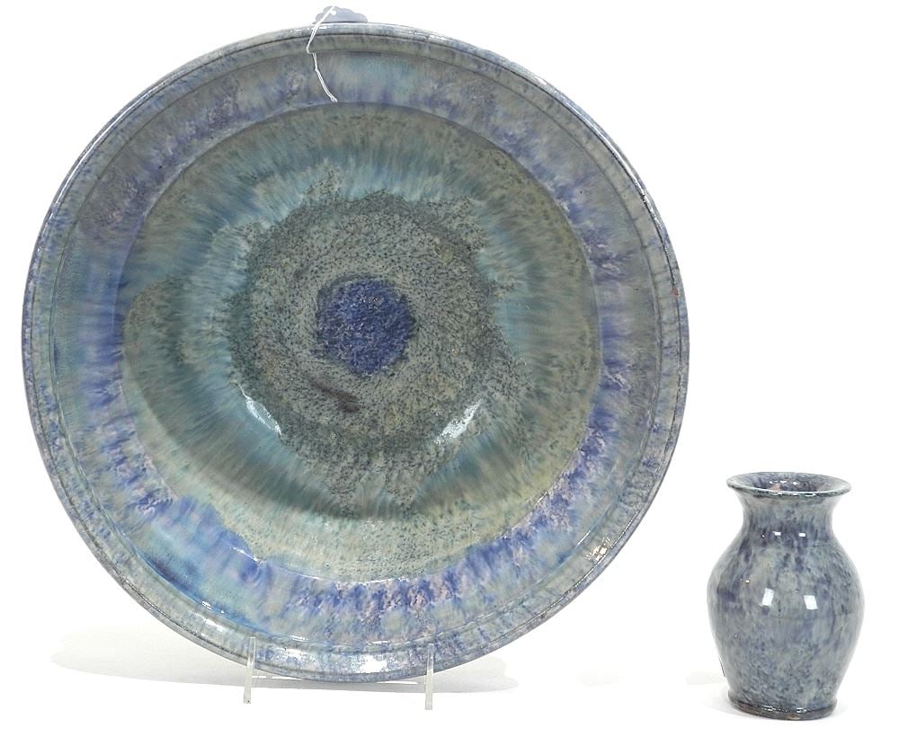 Earthenware Bowl (13 1/2" diam./ cracked) & Vase by Axel Ebring Vernon BC.: Earthenware Bowl (13 1/2" diam./ cracked) & Vase by Axel Ebring Vernon BC.