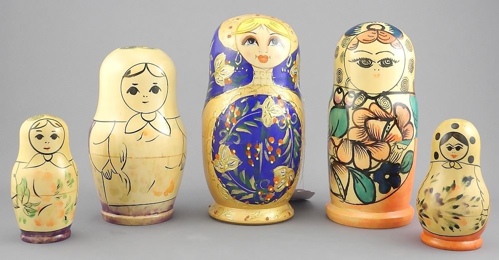 Two Matryoshka (tallest complete) & Three Single Sections, 3 1/2 - 6"h.: Two Matryoshka (tallest complete) & Three Single Sections, 3 1/2 - 6"h.