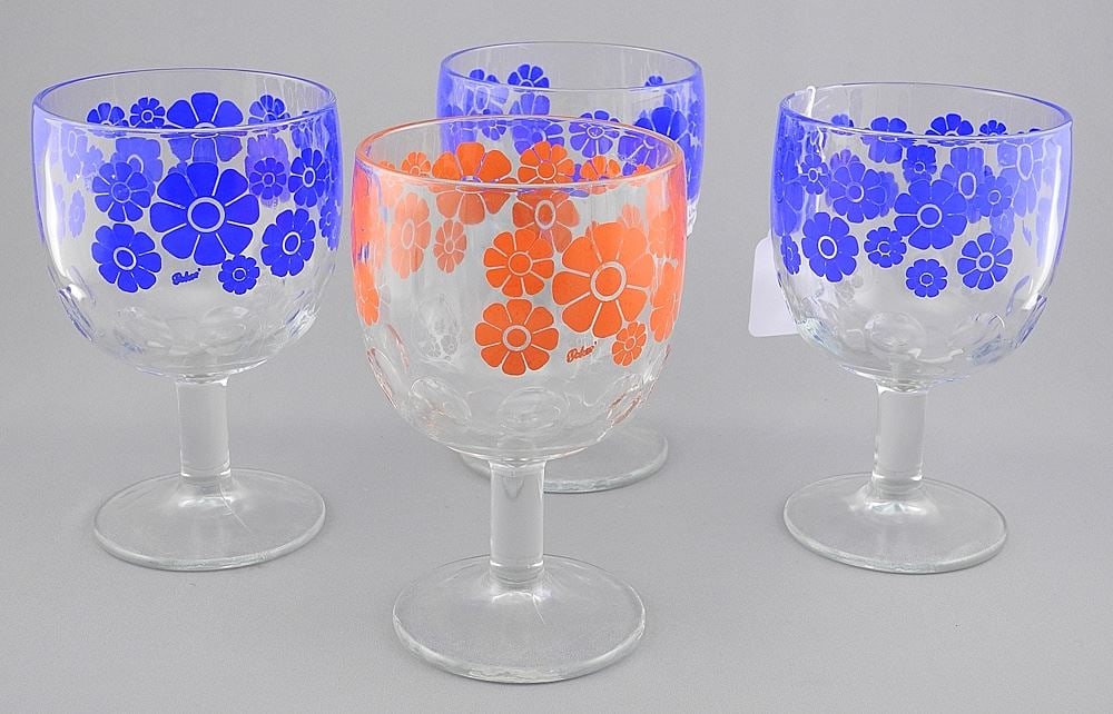 Four Bartlett Collins Thumbprint Daisy Goblets, 6"h.: Four Bartlett Collins Thumbprint Daisy Goblets, 6"h.