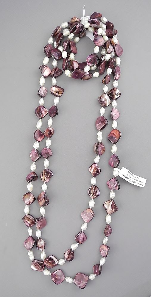 Amethyst Tone Freshwater Pearl & Mother of Pearl Necklace (62"L) & Three Bracelets. (1 of 2)