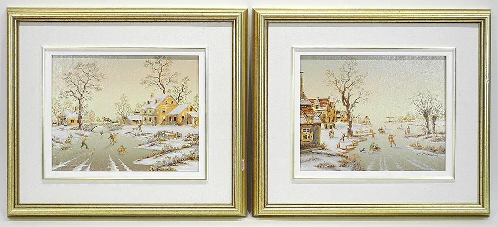 Pair of Oil on Canvas signed C. Carson, 8 x 10", "Winter Skating Scenes". (1 of 5)