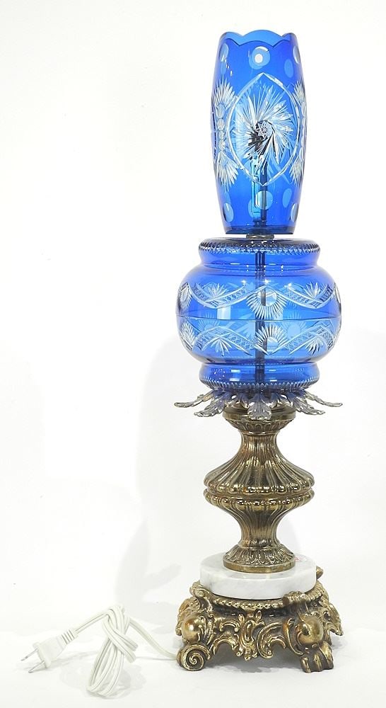 Bohemian Cobalt Overlay Glass & Brass Table Lamp, 23 1/2"h. (1 of 3)
