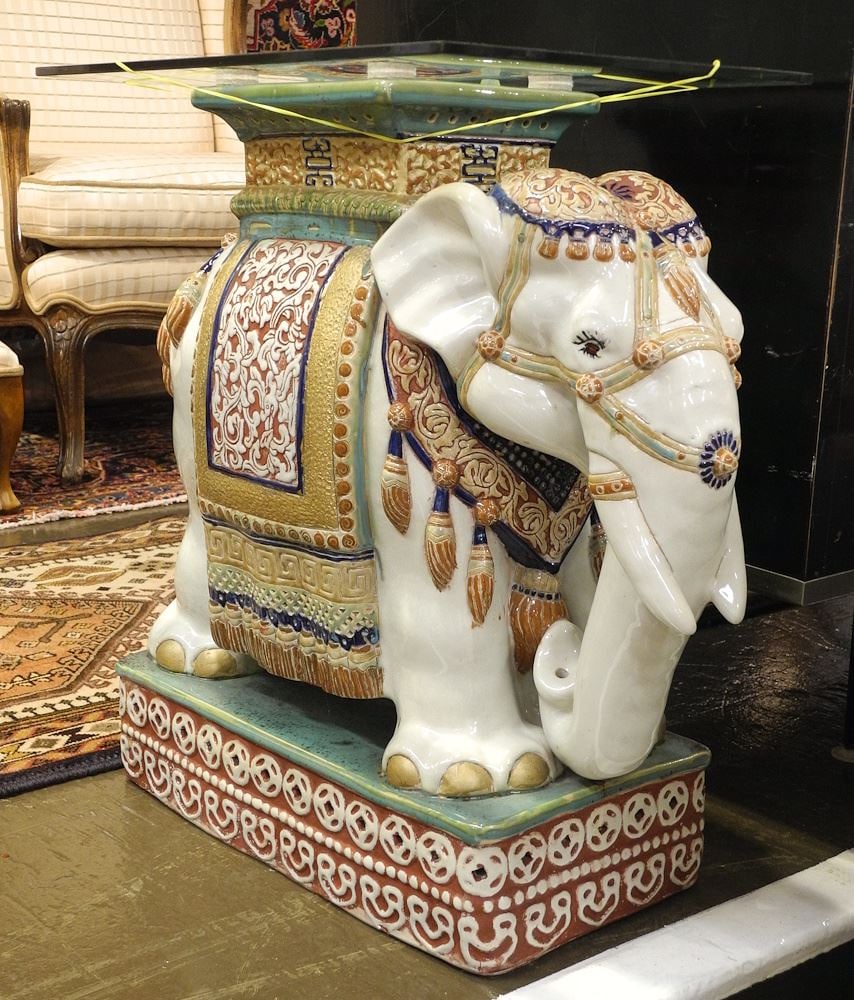 Chinese Ceramic Caparisoned Elephant with Glass Top, 21 1/2"h. (1 of 3)