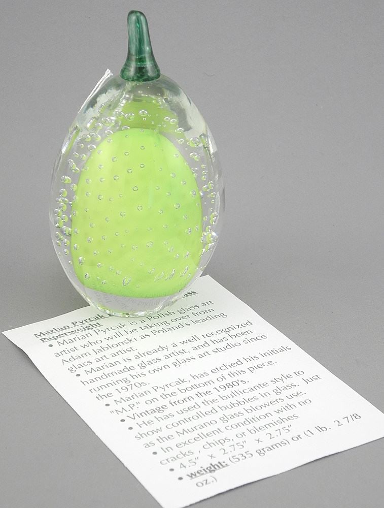 Glass "Pear" Paperweight Monogrammed MP (Marian Pyrcak), 4 3/8"h. (1 of 4)