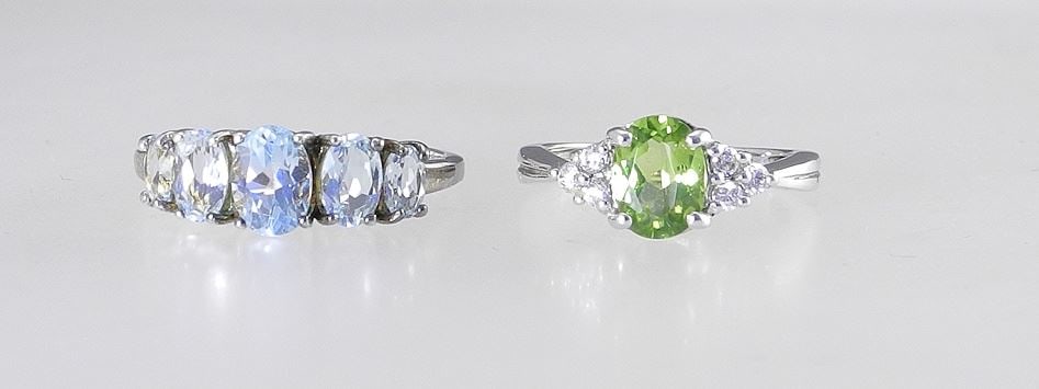 Two RJ Sterling Silver (marked 925) Aquamarine & Peridot Ring, Size 6 & 9, TW 5.4g. (1 of 4)