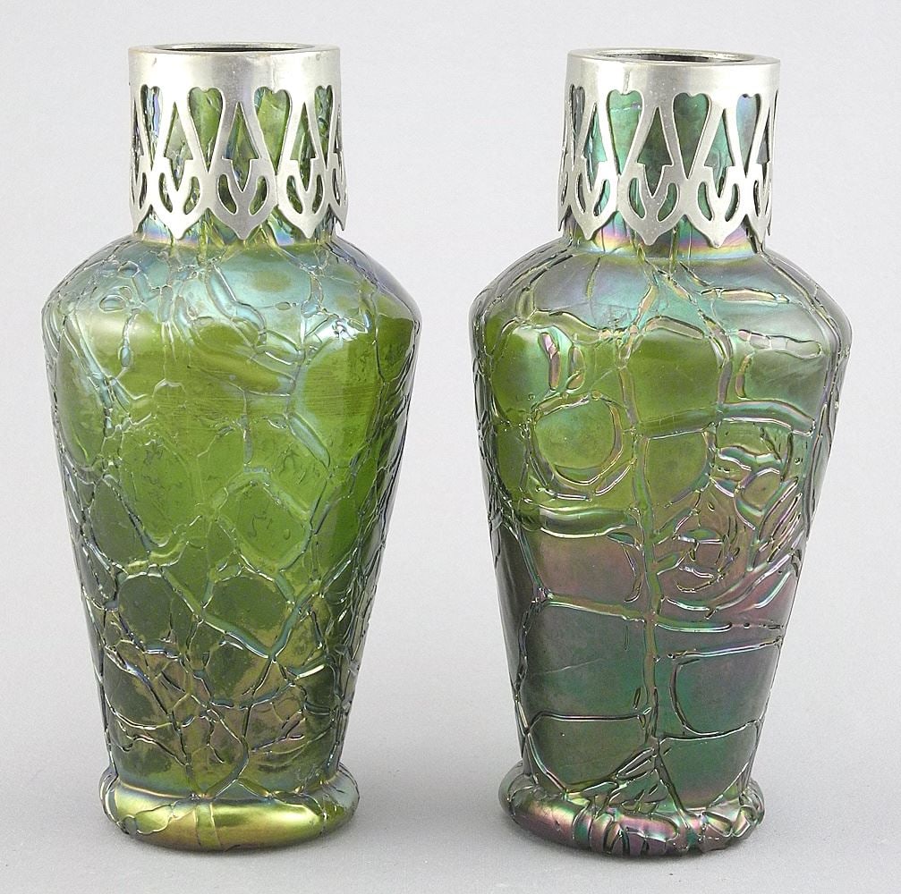 Pair of Loetz-Style Austrian Iridescent Glass Galleried Vases, 6"h.: Pair of Loetz-Style Austrian Iridescent Glass Galleried Vases, 6"h.