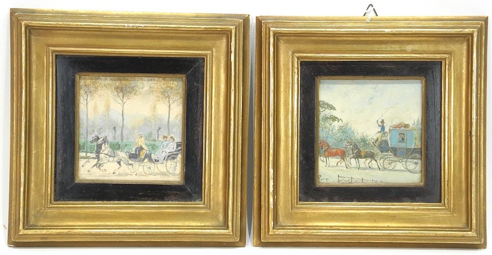 Pair of Watercolour signed (Emilio) Papini, 3 7/8 x 3 7/8", "Coaching Scenes". (1 of 7)