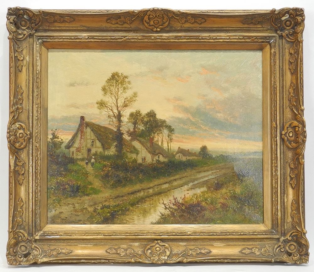 Oil on Canvas signed D. (Daniel) Sherrin, 15 x 18 1/2", "Rural Pathway with Cottages". (1 of 4)