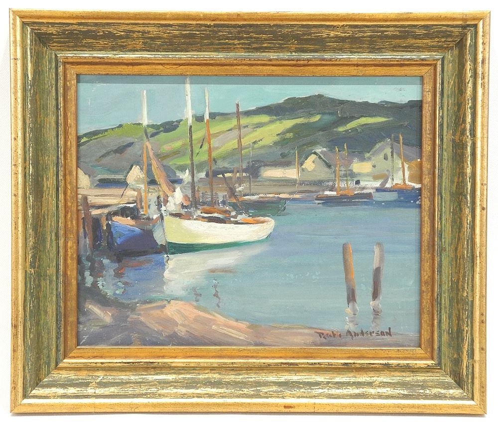 Oil on Board signed Ruth Anderson, 7 1/2 x 9 1/2", "Harbour Scene". (1 of 3)