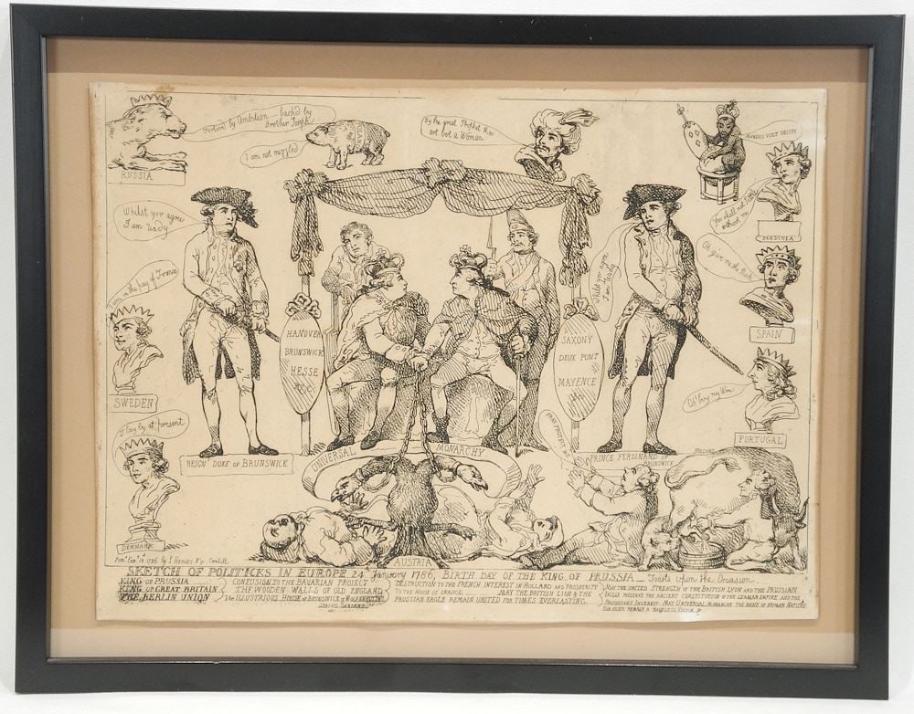 18th C. Satirical Engraving by S.Hedges, 11" x 14 3/4", "...Birth Of The King of Prussia". (1 of 3)