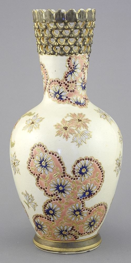 Fischer Budapest Pottery Vase With reticulated Rim, 10 1/2". (1 of 4)