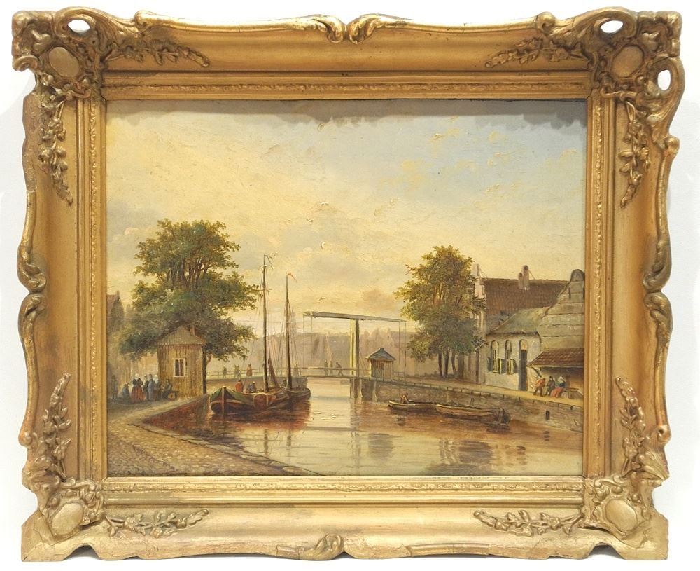 Unsigned Dutch School 19th C. Oil on Board, 12 1/4 x 16 1/4", "Canal View of Bridge". (1 of 2)