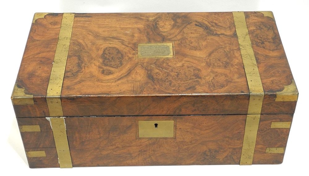 Brass Bound Burl Walnut Lap Desk With 1886 Inscription, 7 3/8 x 20 x 10 3/8". (1 of 4)