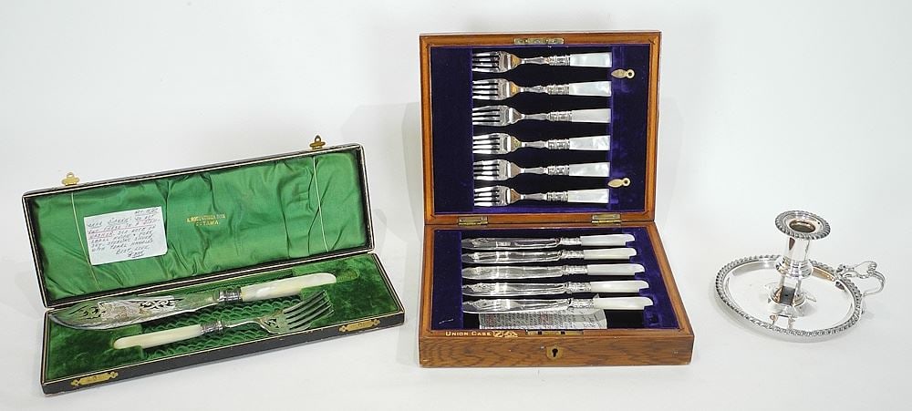 Two Cased Fish Serving Set (missing 1 knife) with Plated Chamberstick. (1 of 4)