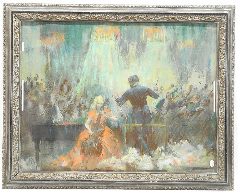 Unsigned Pastel on Paper, 19 1/4 x 25 1/4", "Cellist & Conductor".: Unsigned Pastel on Paper, 19 1/4 x 25 1/4", "Cellist & Conductor".