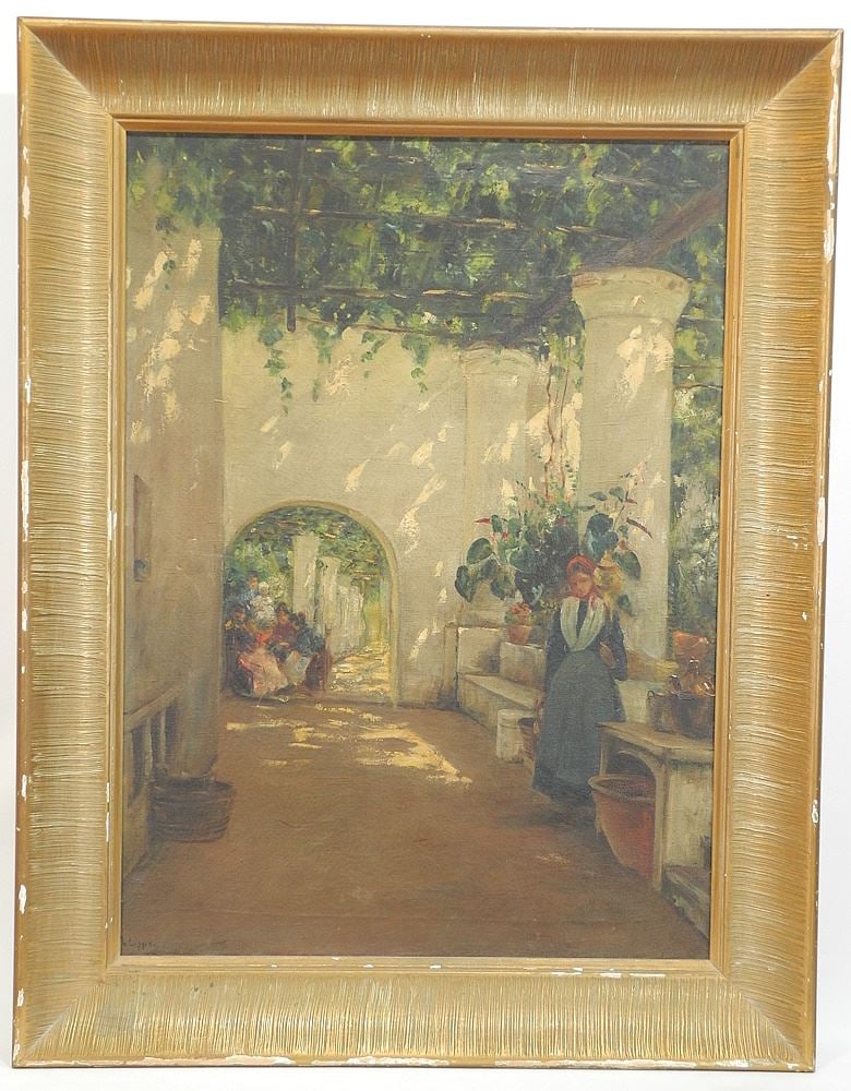 Oil on Canvas signed R. (Richard) Lipps, 30 x 22", "Sunlit Atrium with Gossipers". (1 of 9)