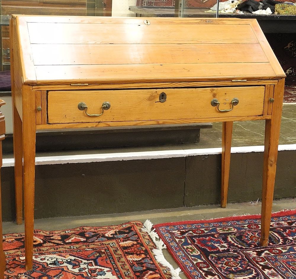 19th C. Canadiana Pine Slope Top Bureau, 42"w. (1 of 6)
