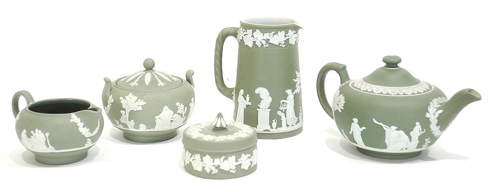Wedgwood Sage Jasper Ware, Five Pieces, 2 3/8 - 5 1/2"h.: Wedgwood Sage Jasper Ware, Five Pieces, 2 3/8 - 5 1/2"h.
