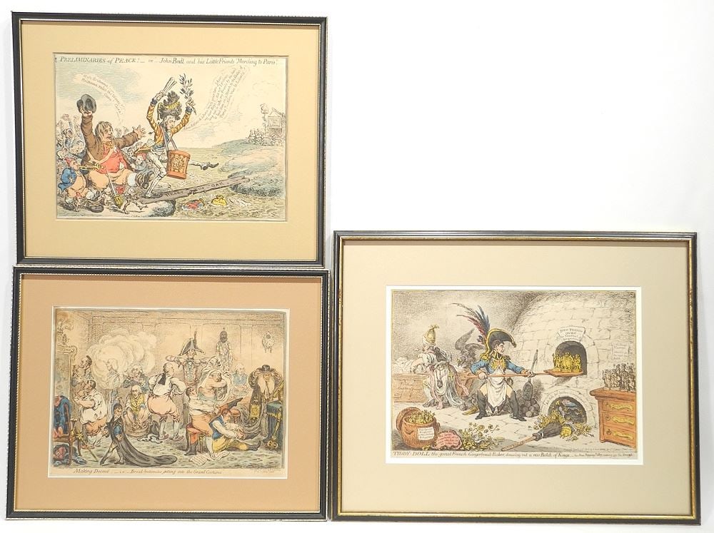 Seven Satirical Engravings by J.S. Gillray, Largest 10 1/2 x 26", Various Subjects. (1 of 6)