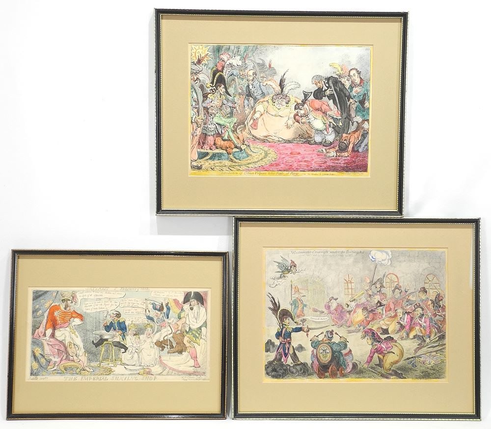 Six Satirical Engravings by Rowlandson / Gillray / Elcomb, Largest 10 7/8 x 14". (1 of 7)