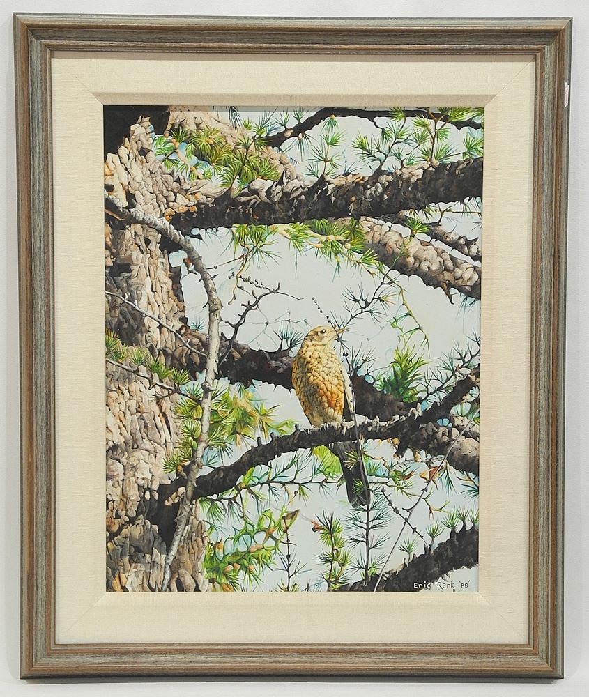 Acrylic Signed Eric Renk '88, 17 3/8" x 13 3/8", "Temmirick in Tamarack".: Acrylic Signed Eric Renk '88, 17 3/8" x 13 3/8", "Temmirick in Tamarack".