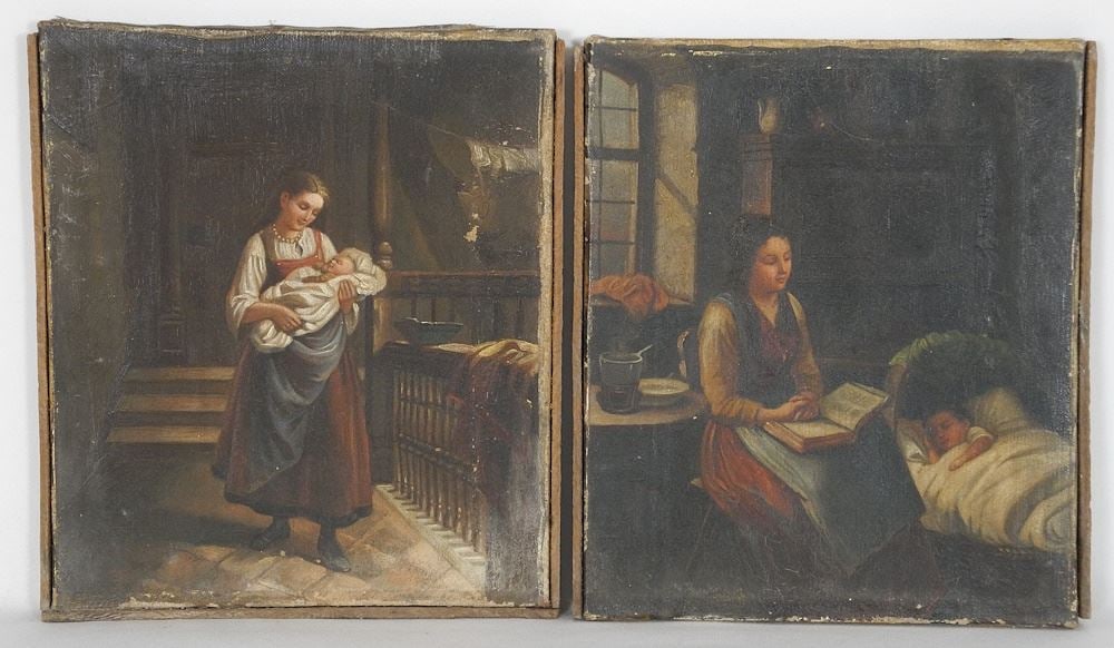 Pair of Oil on Canvas After F.E. Meyerheim, 10 x 8 5/8",  "Mothers Joy". (1 of 4)