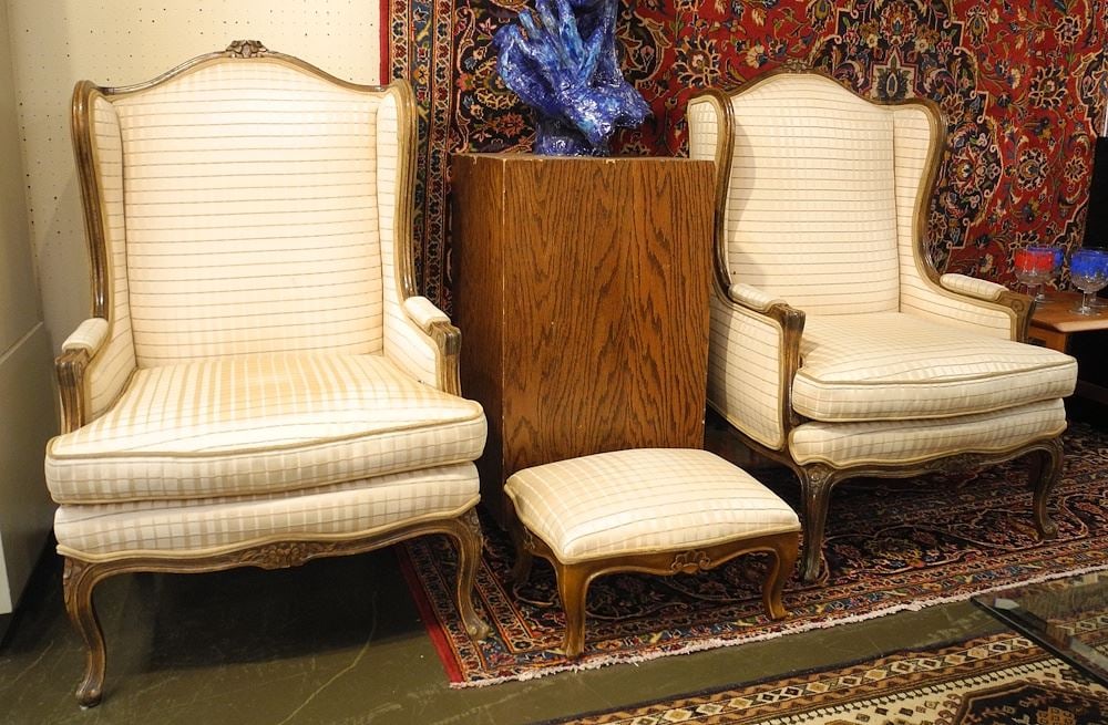 Pair of Small & Boyes Provencal- Style Walnut Armchairs (43"h) with Similar Italian Footstool. (1 of 3)