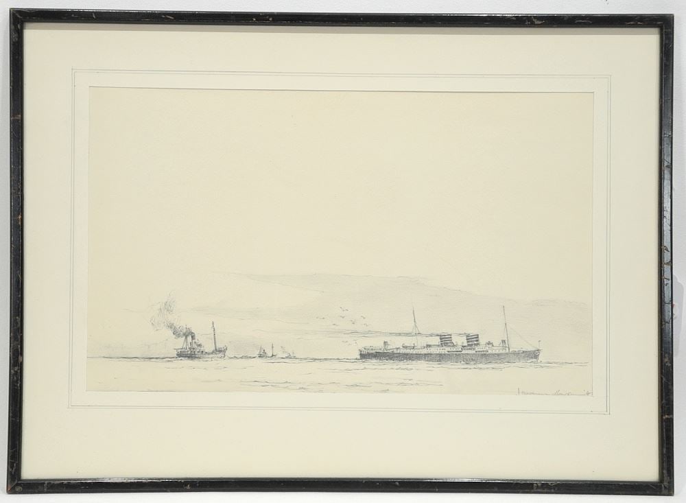 Drawing signed I. (Ian) MacKinnon Pearson, 8 1/4" x 13 7/8", "Passing Ship".: Drawing signed I. (Ian) MacKinnon Pearson, 8 1/4" x 13 7/8", "Passing Ship".