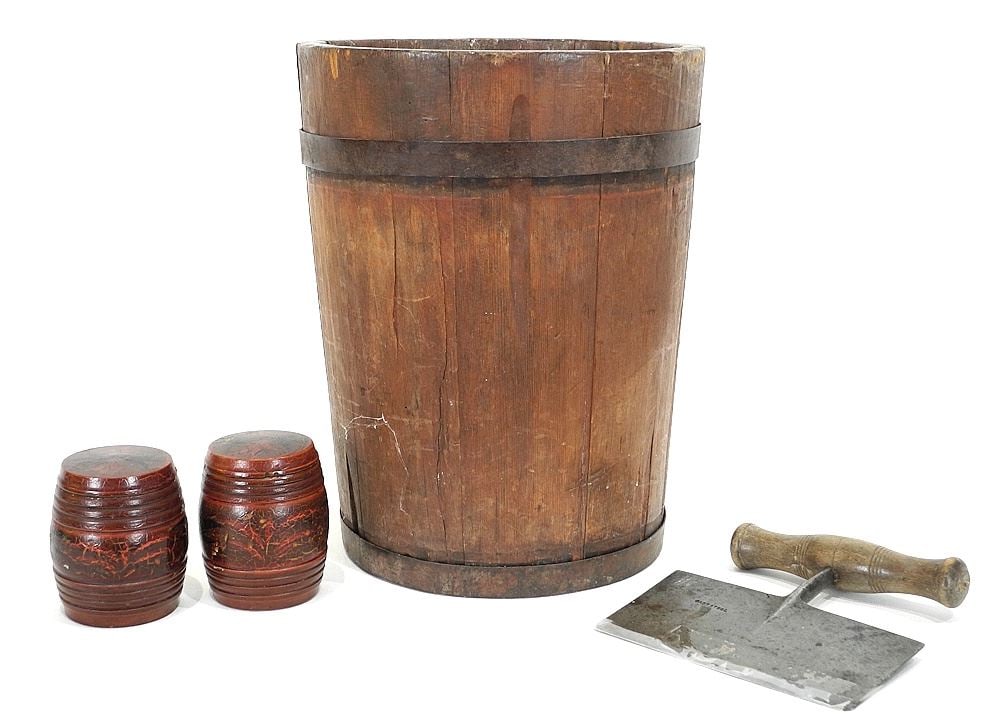 Antique Maple Syrup Bucket, 1800's Cast Steel Chopper & Georgian Barrels. (1 of 2)