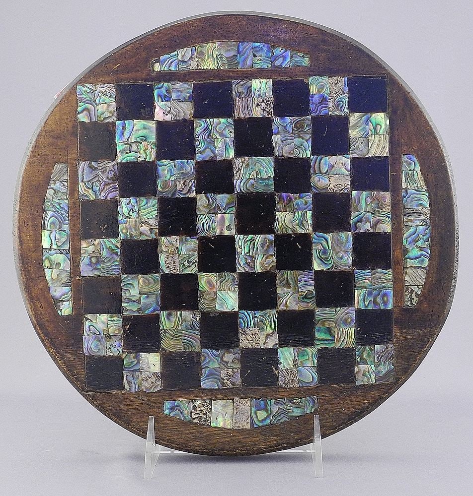 Antique New Zealand Mother of Pearl Inlaid Round Chess Board, 10 1/4" Diameter.: Antique New Zealand Mother of Pearl Inlaid Round Chess Board, 10 1/4" Diameter.