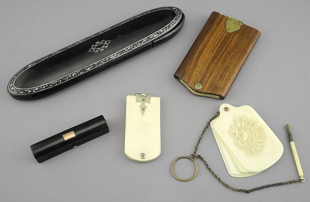 Collection of Antique Sundries: Spectacles Cases/Note Pads/Needle Case, 2 1/2" - 7"L.: Collection of Antique Sundries: Spectacles Cases/Note Pads/Needle Case, 2 1/2" - 7"L.