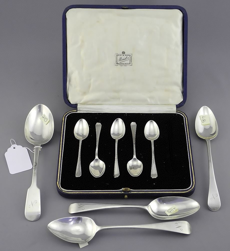 Four Various Georgian Silver Spoons (approx. 7"L) & Five Coffee Spoons, 175g. (1 of 3)