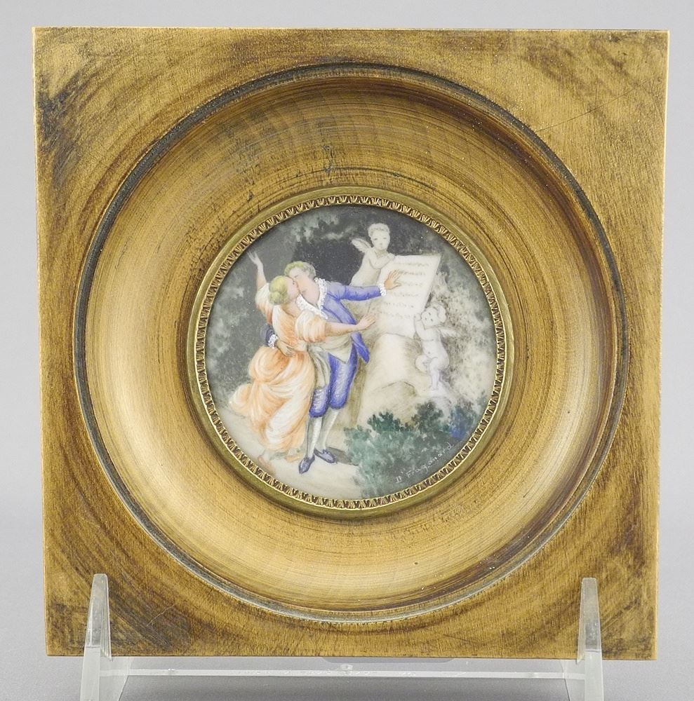 French Rococo Watercolour on Roundel After Fragonard, 2 1/4" Diameter.: French Rococo Watercolour on Roundel After Fragonard, 2 1/4" Diameter.