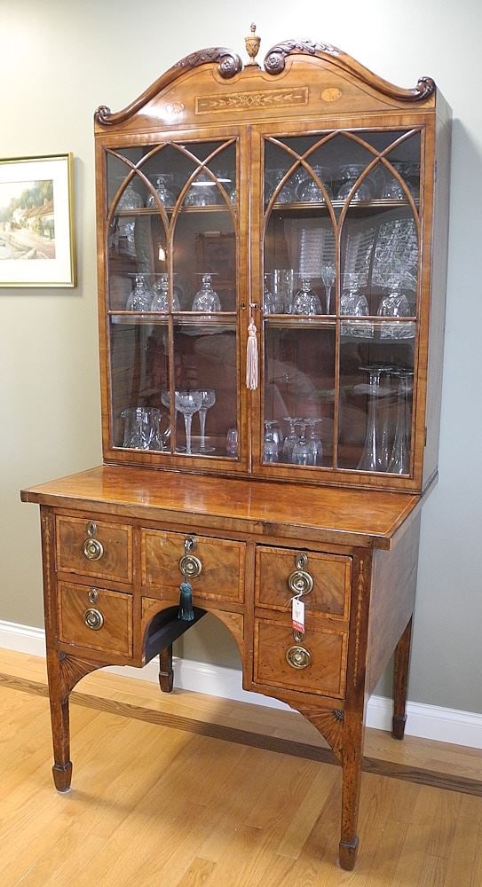 Georgian Inlaid Mahogany Narrow Sideboard Two Glazed Door Cabinet, 36 1/2 x 26 1/2 x 79". (1 of 12)