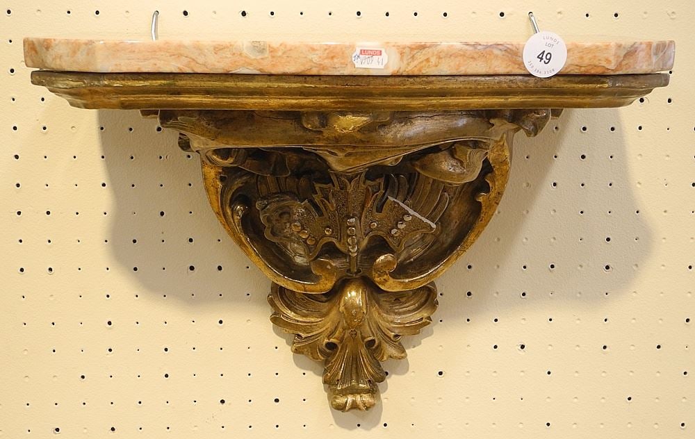 19th Century Gilt Carved Wood Marble Top Wall Sconce, 17 1/2 x 10 1/2 x 13" (loss noted).: 19th Century Gilt Carved Wood Marble Top Wall Sconce, 17 1/2 x 10 1/2 x 13" (loss noted).
