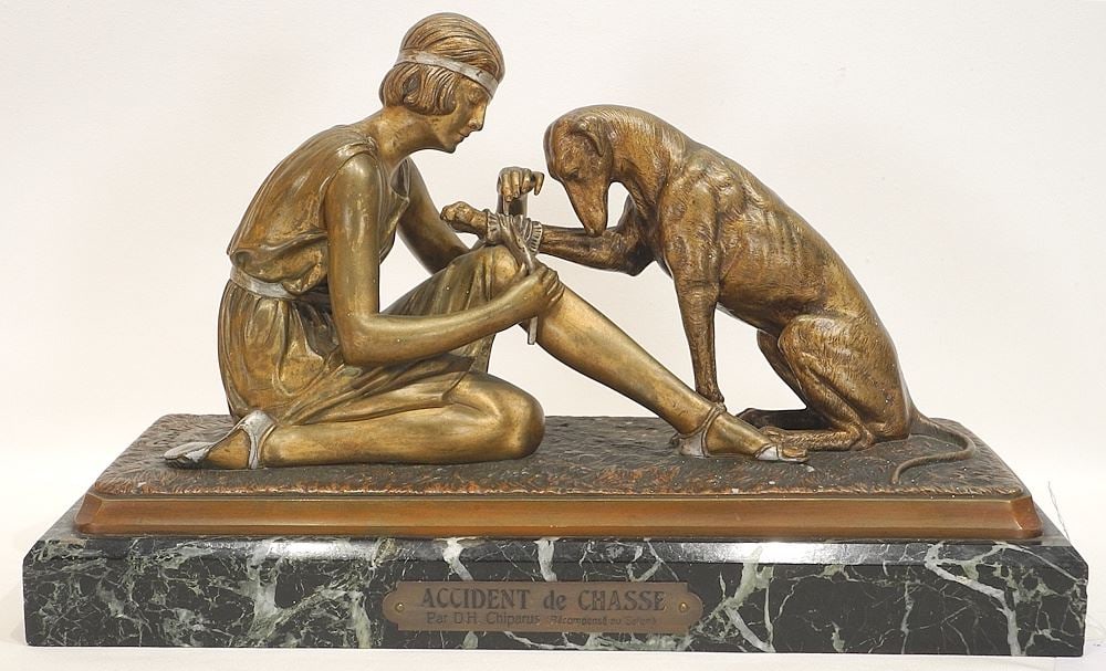 Bronze Sculpture signed D. (Demetre) Chiparus, 10 x 16 5/8 x 7 1/2", "Accident de Chasse". (1 of 6)