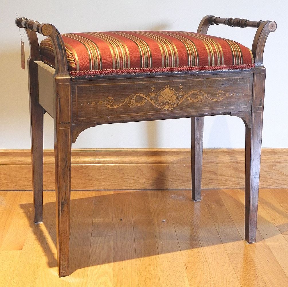 Victorian Inlaid Mahogany Music Bench, 22 1/2" x 14" x 22 1/2"h: Victorian Inlaid Mahogany Music Bench, 22 1/2" x 14" x 22 1/2"h